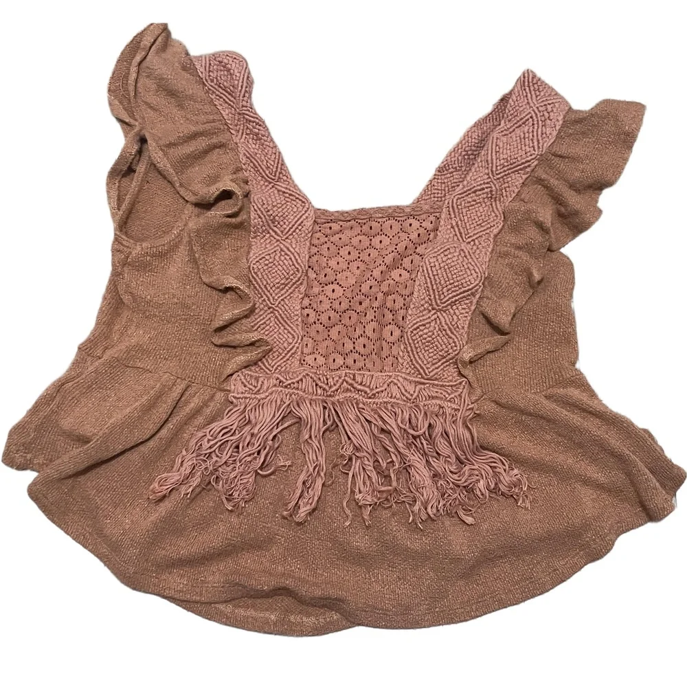 Free People Terracotta Crochet Macrame Fringe Ruffle Peplum Boho Top‎ Women's XS